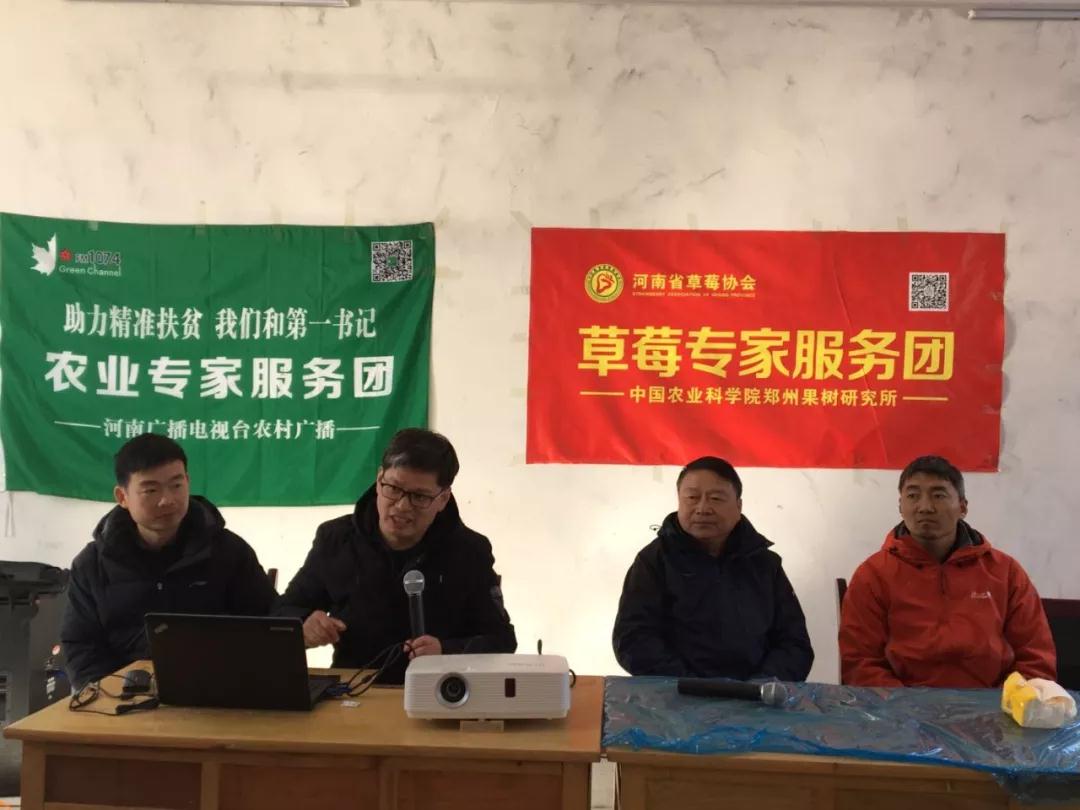 草莓專家團(tuán)周厚成（左二）、李亮杰（左一）、杜小亮（右一）與農(nóng)戶互動(dòng)