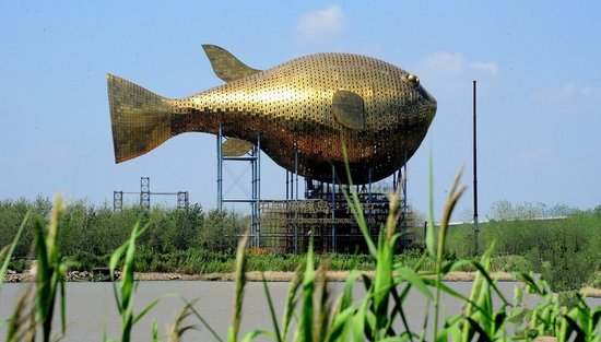 昨天，揚(yáng)中市西沙島，正在施工的河豚塔金光閃閃