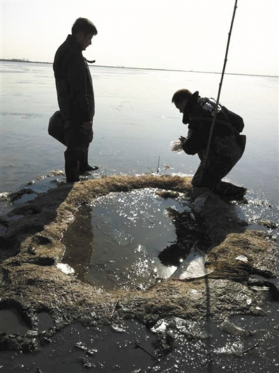天津北大港濕地深處，警方對“毒池”液體取樣?！? width=