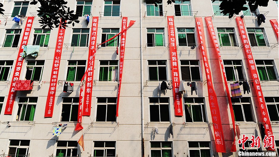 圖為男生宿舍掛起的二十多條橫幅。