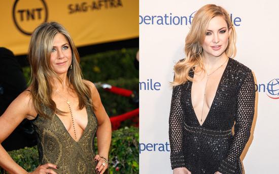 Jennifer Aniston & Kate Hudson出席重要場(chǎng)合也穿低胸裝。（圖片來(lái)源：臺(tái)灣東森新聞云）