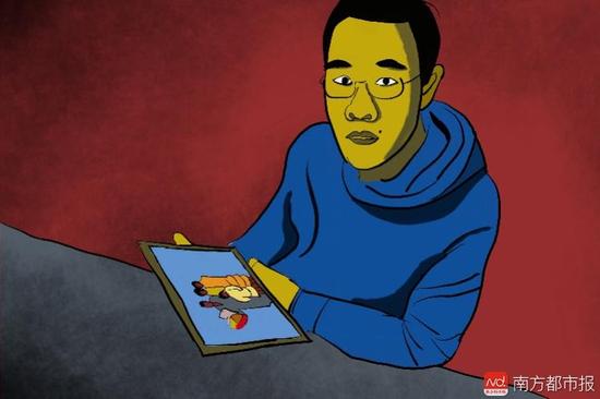 王煥凱看著一家人幸福的合照，黯然神傷，悔不當初。（畫作者：吳斌）