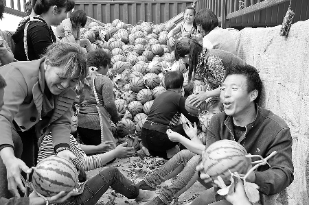 　眼下，內(nèi)黃縣東莊鎮(zhèn)種植的“無(wú)公害西瓜”豐收，市場(chǎng)緊俏。圖為5月6日，瓜農(nóng)準(zhǔn)備把外銷(xiāo)的西瓜裝車(chē)。劉肖