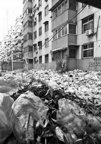 透過(guò)擋板縫向內(nèi)看，30多米垃圾已經(jīng)將居民樓包圍。