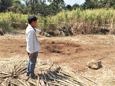 昨日，在大水桑樹村，村民向記者展示13日造成5死8傷的炸彈事件彈坑。