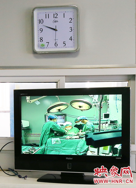 由于扎入大龍顱內(nèi)的針位置較深，所以經(jīng)過七次定位才取出,圖為監(jiān)視器中手術場景