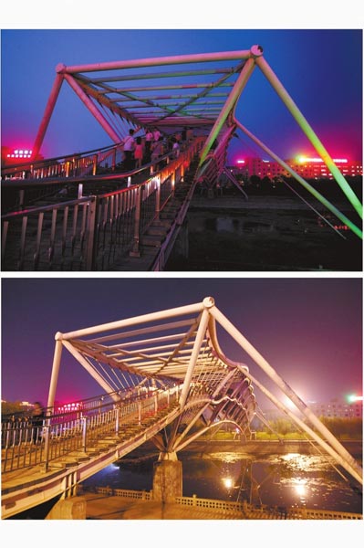 花園路西側(cè)東風(fēng)渠景觀橋，上圖攝于7月31日晚間，下圖攝于10月9日晚間。