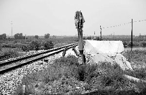 6月30日， 農(nóng)戶用搭建的窩棚和電線桿阻擋了鐵路的施工。新華社發(fā)