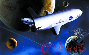 　美國(guó)X—37B宇宙飛船在太空中。（合成圖片）